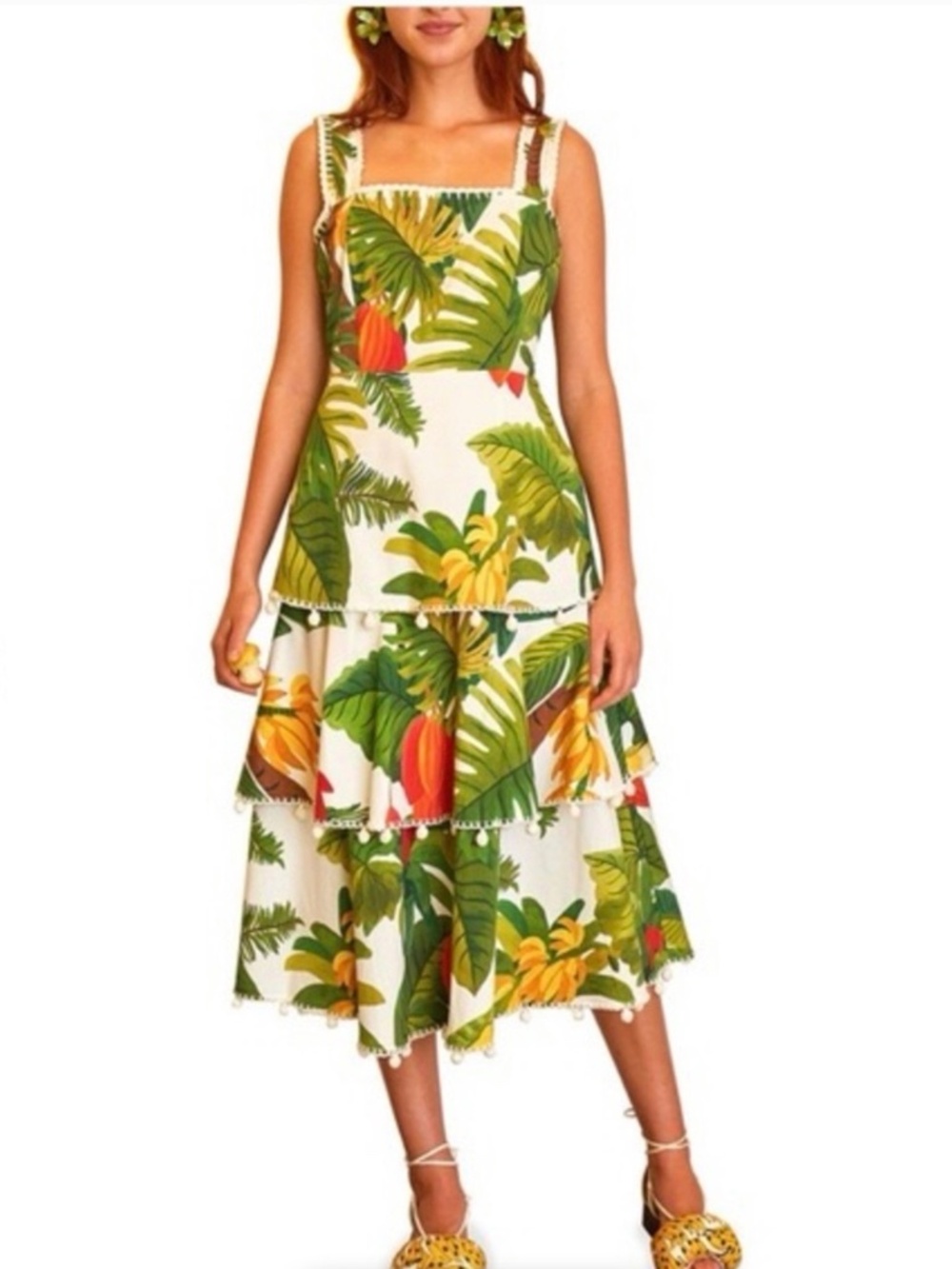 FARM Rio White Cocoa Forest Midi Dress Medium Banana Green Tiered Palm Trees